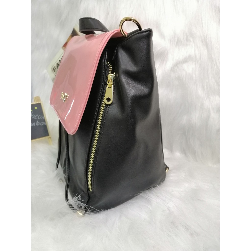 Ba lô phối hồng sen và đen PU #RebeccaBonbon chú cún Nhật Bản