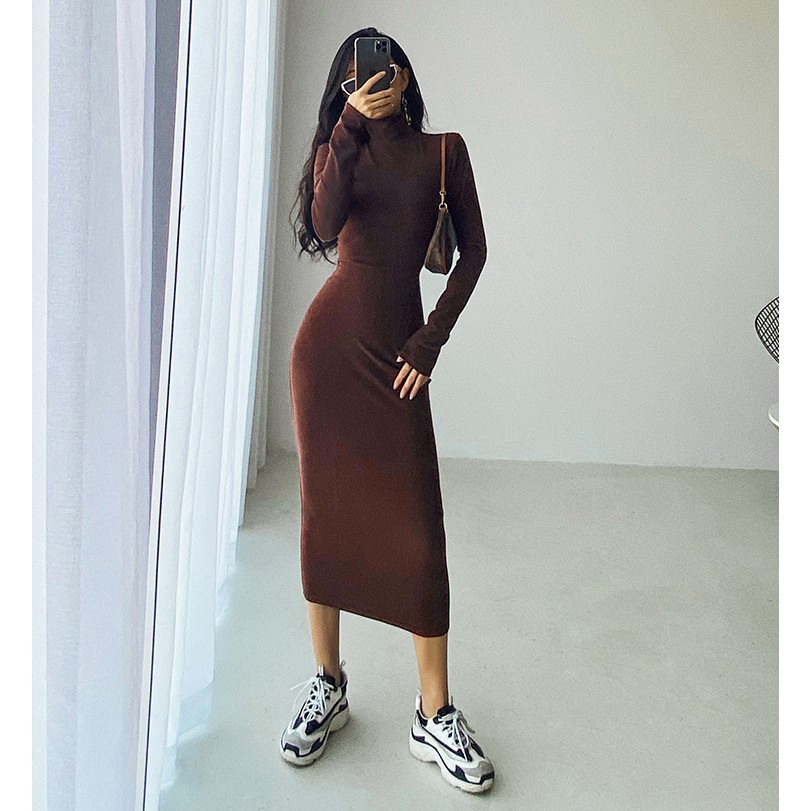 Đầm Dài Qua Gối Tay Dài Cổ Cao Dáng Ôm Thời Trang Thu Đông Cho Nữ