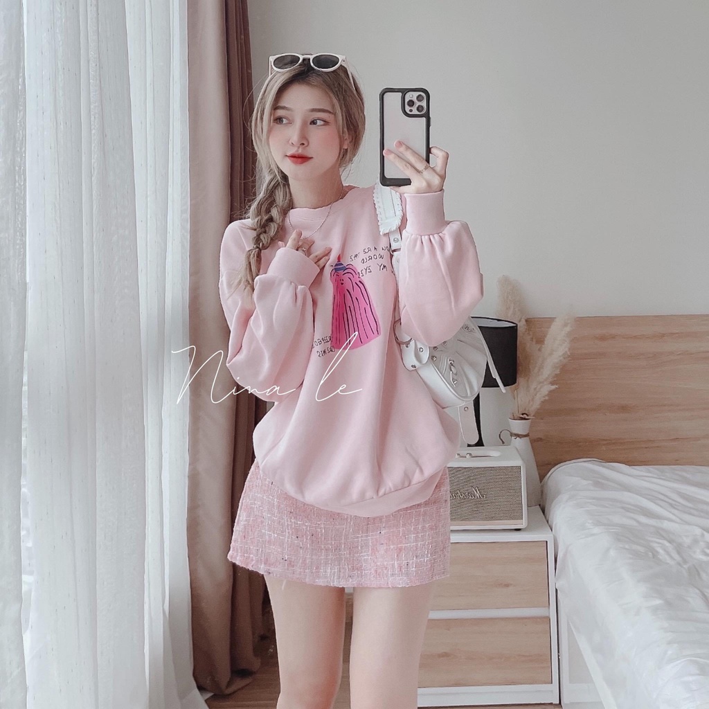 Set bộ đồ nữ tone hồng baby siêu xinh xắn với áo tay dài mix chân váy chữ A năng động, cute dành cho các nàng đi chơi