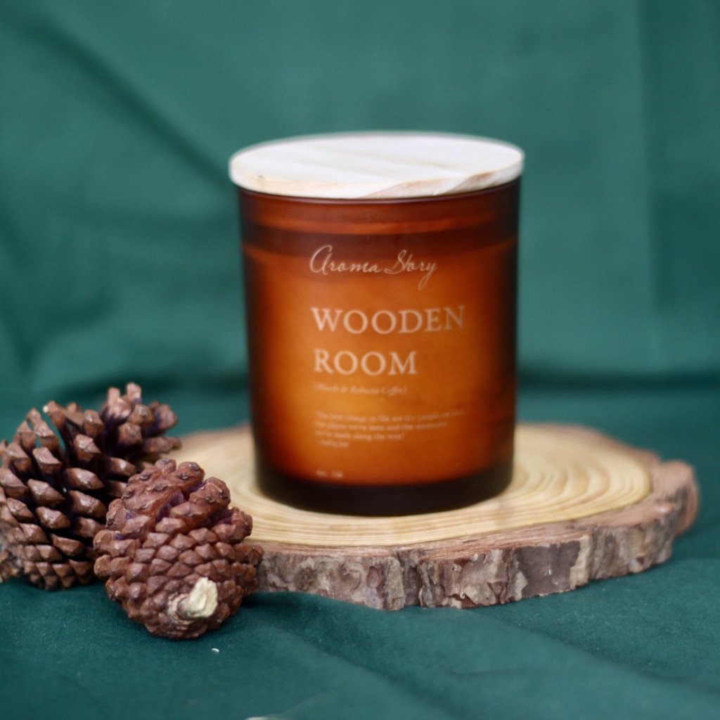 Nến thơm trang trí, cao cấp, tự nhiên Aroma Story hương gỗ và robusta coffee Wooden Room size 200g