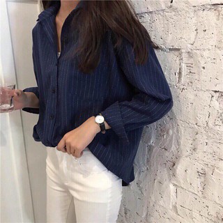 Sơ mi sọc nền xanh navy form oversize