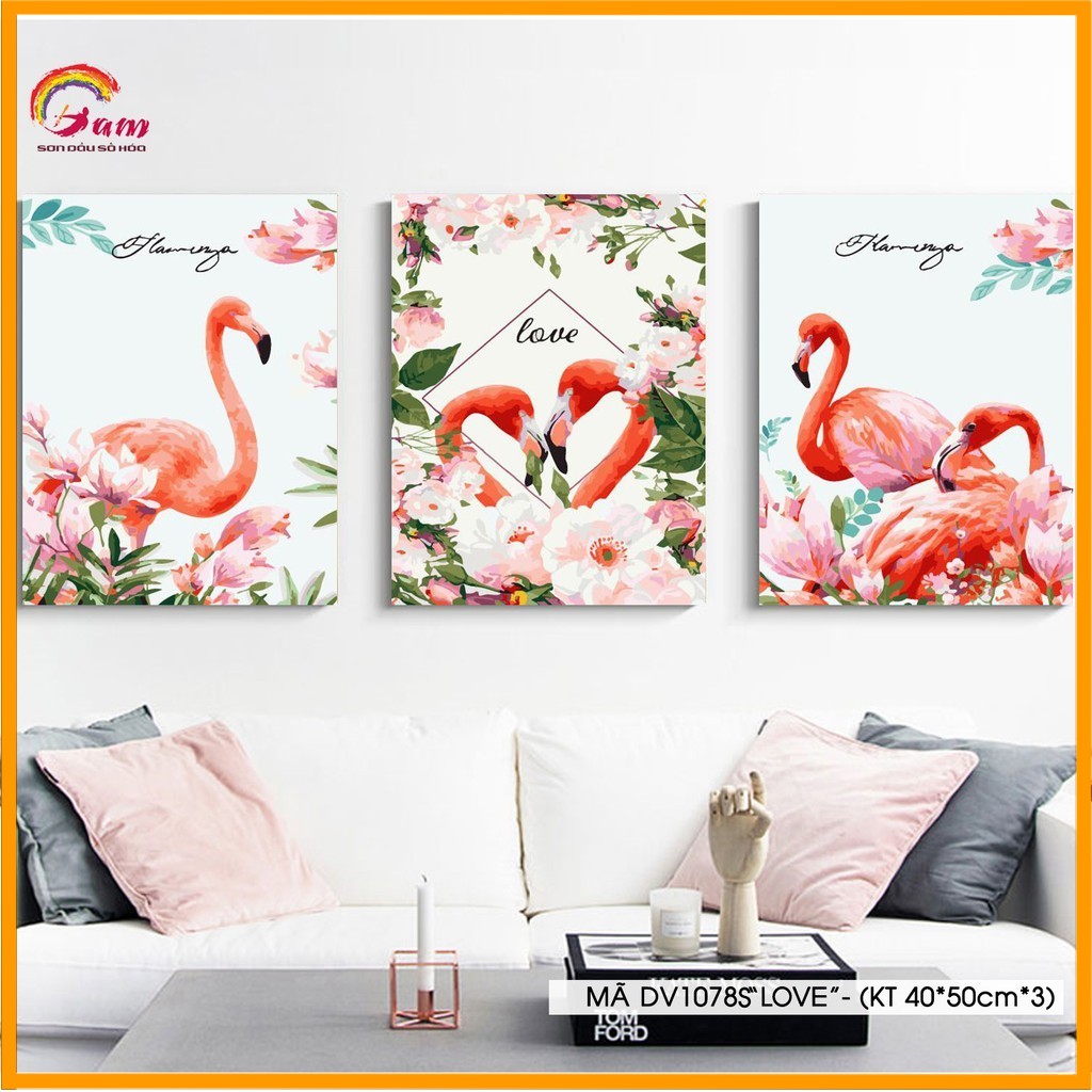 Bộ 3 tranh sơn dầu số hóa tự tô màu động vật - Mã DV1078S Tranh Hồng hạc Flamingo