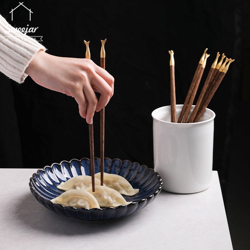 SWEEJAR Set 5 đôi đũa  làm từ gỗ wenge tự nhiên không sơn không chứa sáp 25cm thiết kế đuôi cá phong cách Trung Hoa