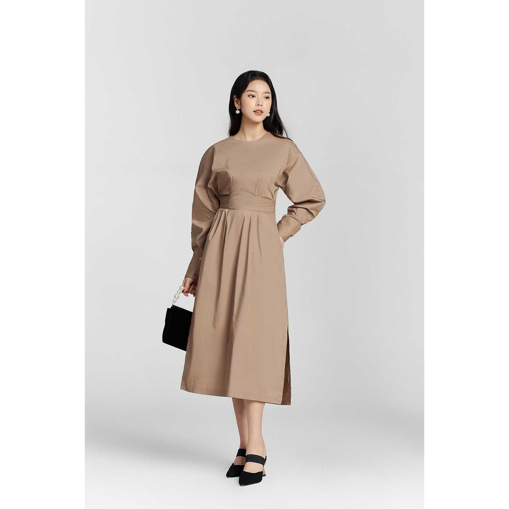 Váy đầm nữ xếp ly tà, đai eo sau lưng, cổ tròn, tay dài hàng thiết kế cao cấp TK Fashion - DK B47