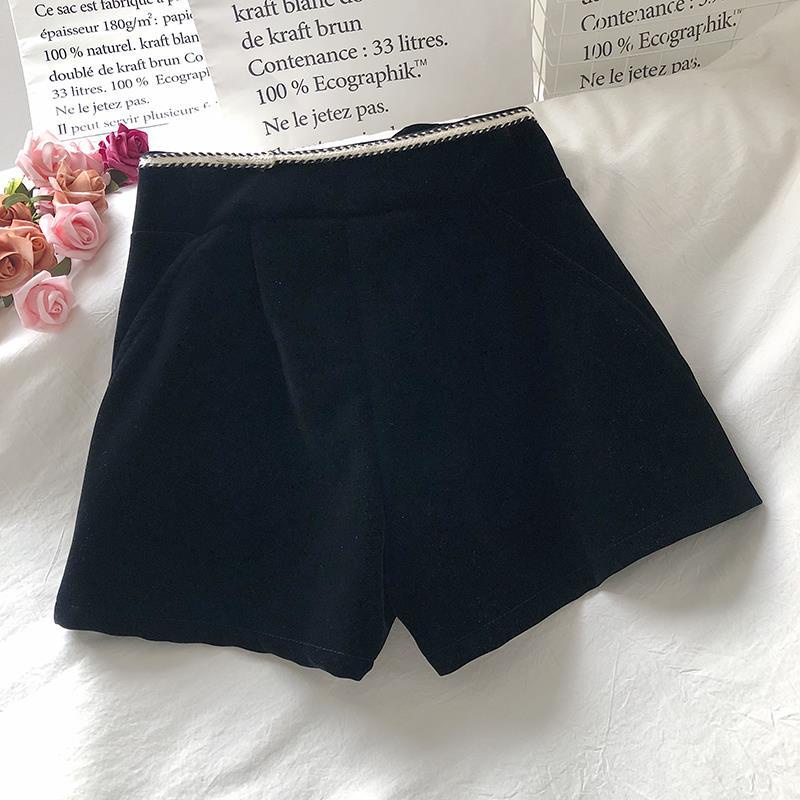 Quần Short Nhung Lưng Cao Ống Rộng Phối Màu Tương Phản Phong Cách Mới Cho Nữ