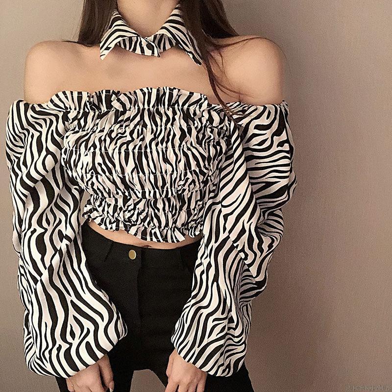 Áo Croptop Tay Phồng In Họa Tiết Ngựa Vằn Kiểu Hàn Quốc Xinh Xắn Cho Nữ