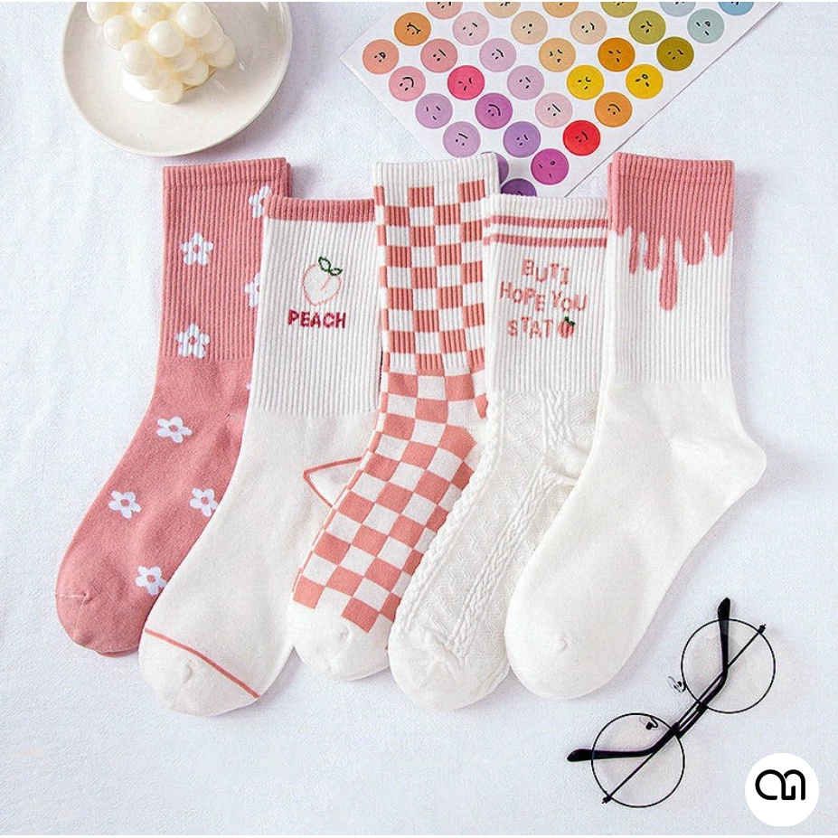 Tất Vớ Cổ Cao Nữ Màu Hồng Họa Tiế Dễ Thương Vải Cotton Màu Blink Đẹp