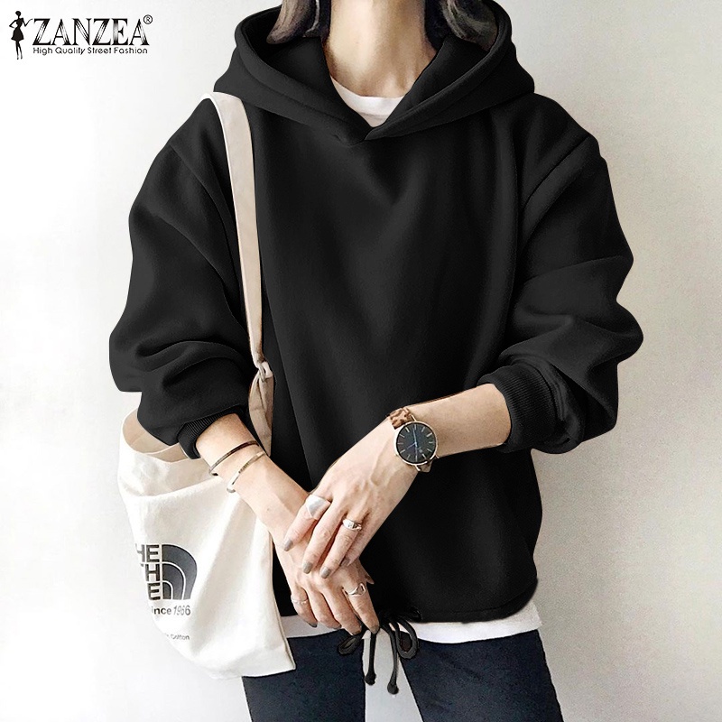 Áo hoodie Zanzea màu trơn cổ chữ O dây rút giữ ấm thời trang đường phố cho nữ（Phần mỏng）