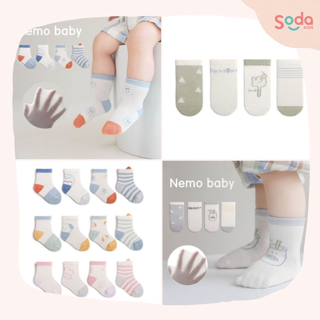 Set tất lưới 4 đôi cho bé Nemo Baby họa tiết Hàn Quốc mẫu mới 2022 ( Nhiều màu)