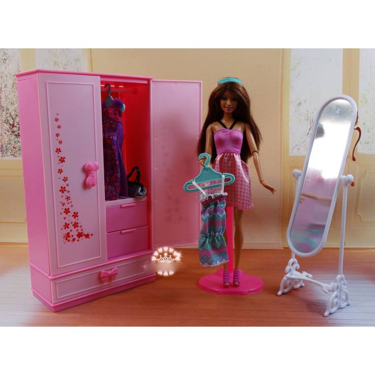 Tủ quần áo thay đồ búp bê màu hồng, nội thất cho búp bê Barbie,búp bê Xinyi,búp bê Licca