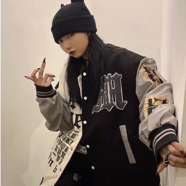 Áo Khoác Bóng Chày Dáng Rộng Có Thêu Chữ Phong Cách Châu Âu áo khoác hai màu đen trắng