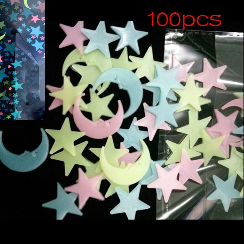 Set 100 Miếng Dán Tường Dạ Quang Hình Trăng Sao