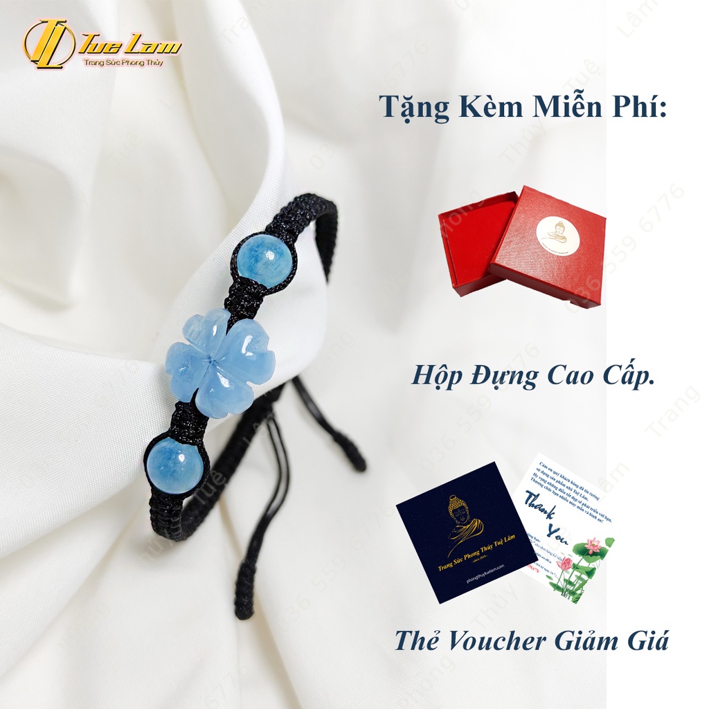 Vòng tay cỏ 4 lá may mắn aquamarine hợp mệnh thủy, mộc bện chỉ handmade - Tuệ Lâm