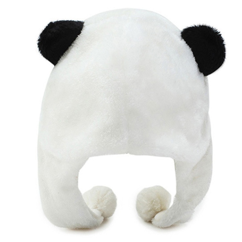Mũ beanie nhồi bông giữ ấm hình gấu trúc hoạt hình có dây dài bảo vệ tai đính quả bóng lông xinh xắn