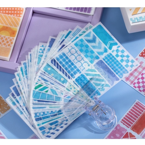 Hộp 100 tấm sticker miếng thay thế washitape 4 màu xinh xắn trang trí sổ