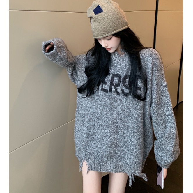 Áo len chui đầu dáng rộng in chữ thiết kế cá tính thoải mái