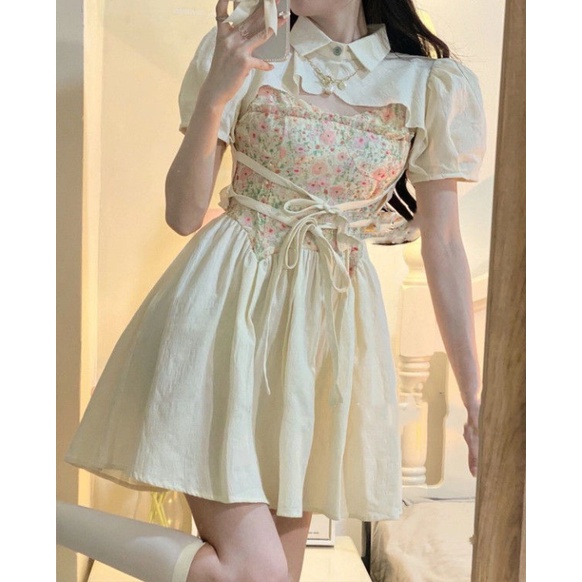 Set Đầm Hai Dây Họa Tiết Hoa Phong Cách Pháp Ngọt Ngào