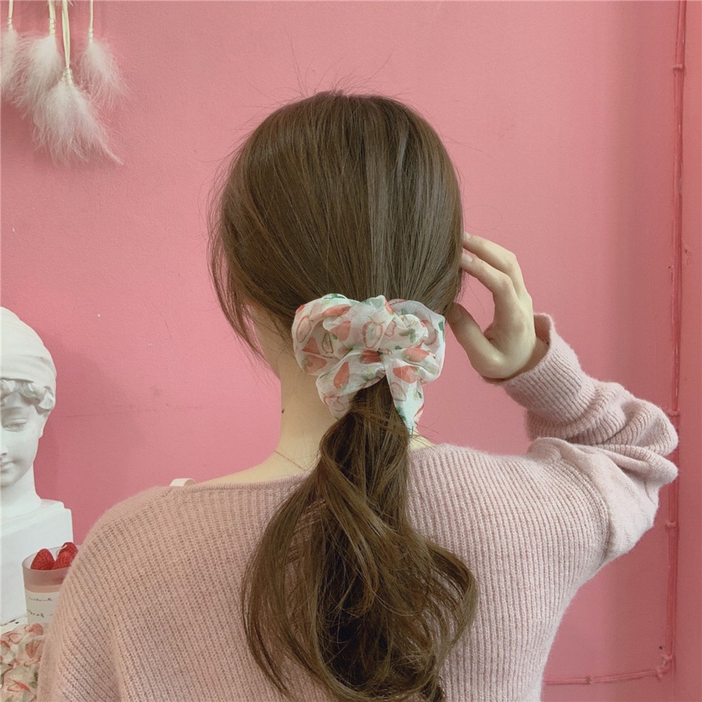 Cột tóc vải scrunchies vòng đeo tay scrunchies chất liệu voan bản to họa tiết hoa quả cho bạn gái