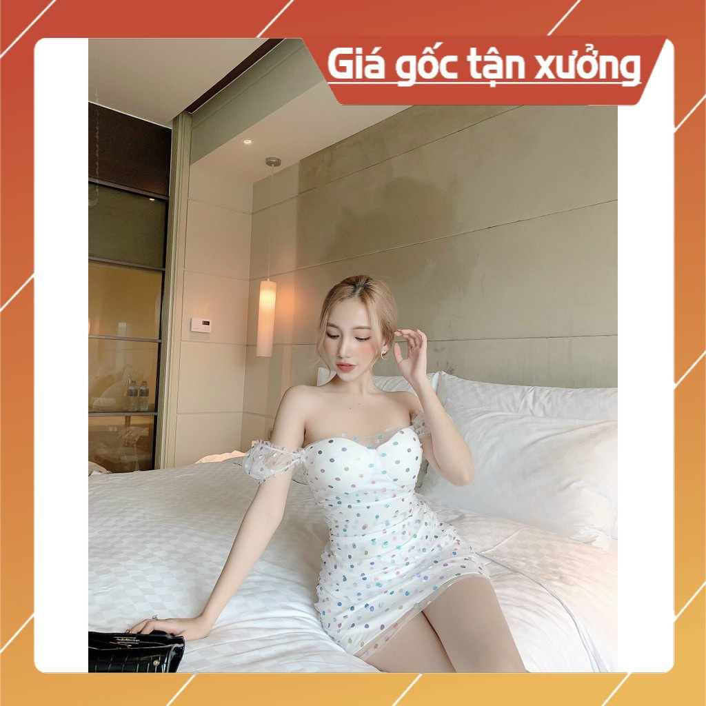 Đầm Body Đi Chơi, Dự Tiệc, Hở Vai,Họa Tiết Chấm Bi, Ống Ôm - Vải Lưới Nhũ - 2 Màu Trắng, Đen - ẢNH THẬT