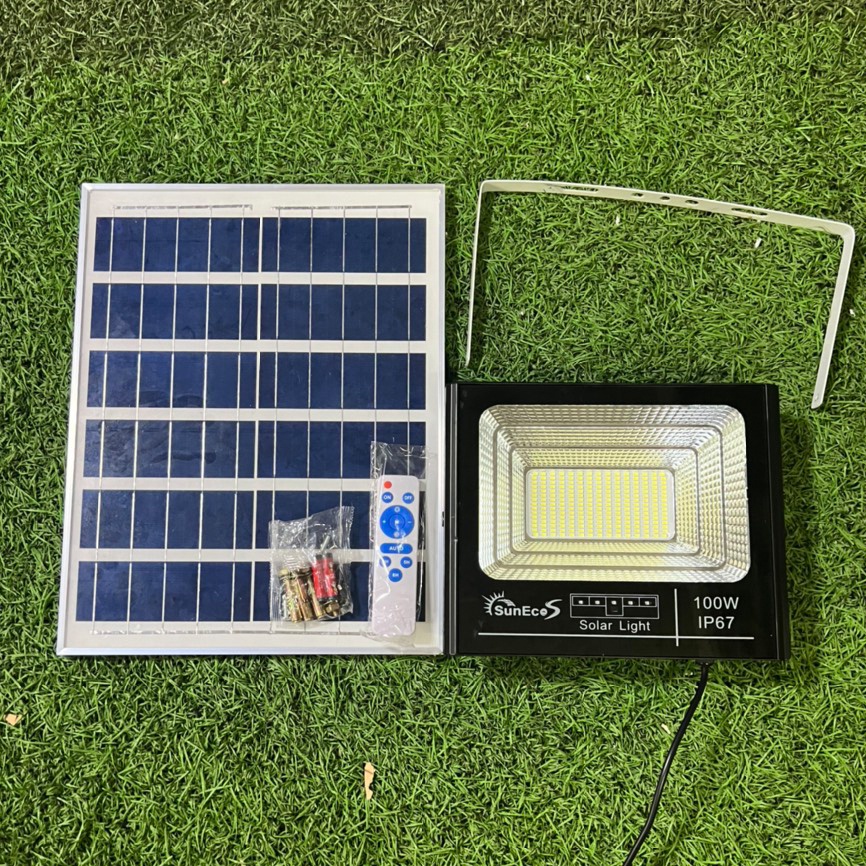 Đèn pha led năng lượng mặt trời 100W Suneco tuỳ chọn tấm pin, đèn năng lượng mặt trời có đèn báo dung lượng pin