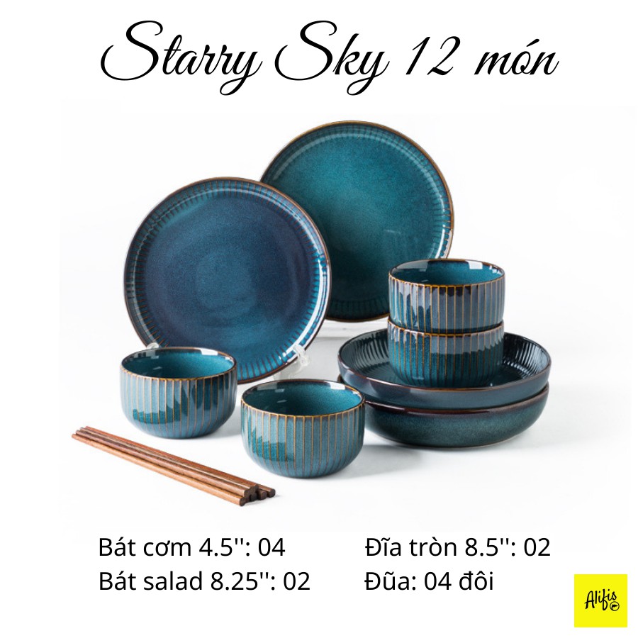 Bộ bát đĩa, bộ bát đĩa sứ Starry Sky cao cấp 12 món phù hợp gia đình 4 người - men hỏa biến cao cấp