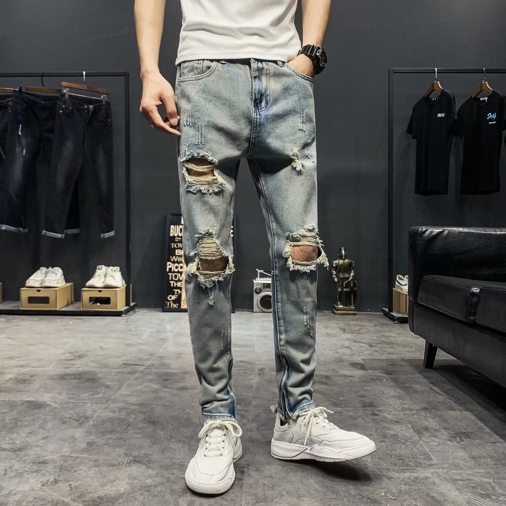 Quần Jeans Dài Phối Vết Rách Cá Tính Thời Trang Nam