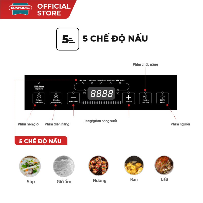 Bếp Hồng Ngoại SunHouse SHD6011, công suất lớn 2000W, nấu siêu nhanh, điều khiển chip điện tử
