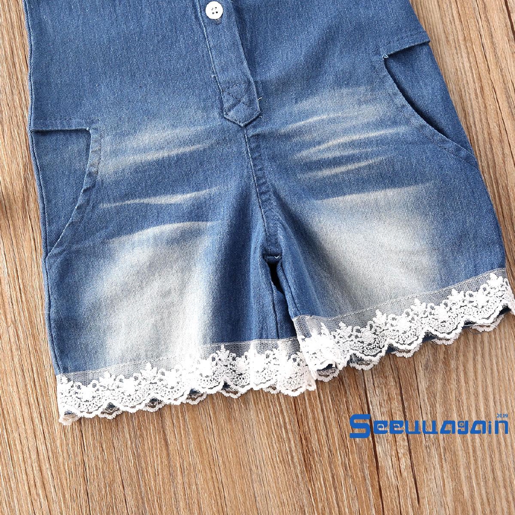 Áo Liền Quần Denim Cổ Tròn Tay Ngắn Cho Bé Gái