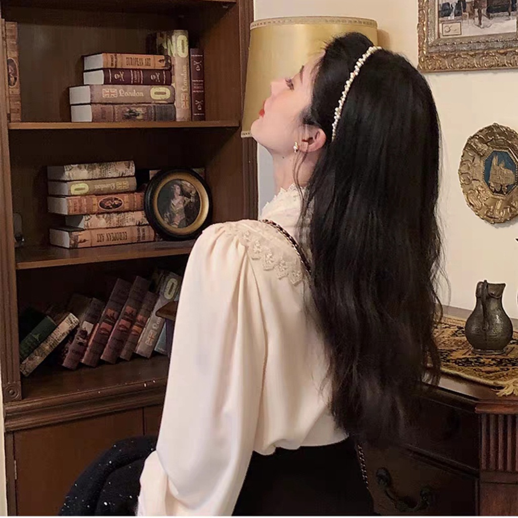 Áo sơ mi SUXI tay phồng dài màu trơn phong cách vintage Hàn Quốc