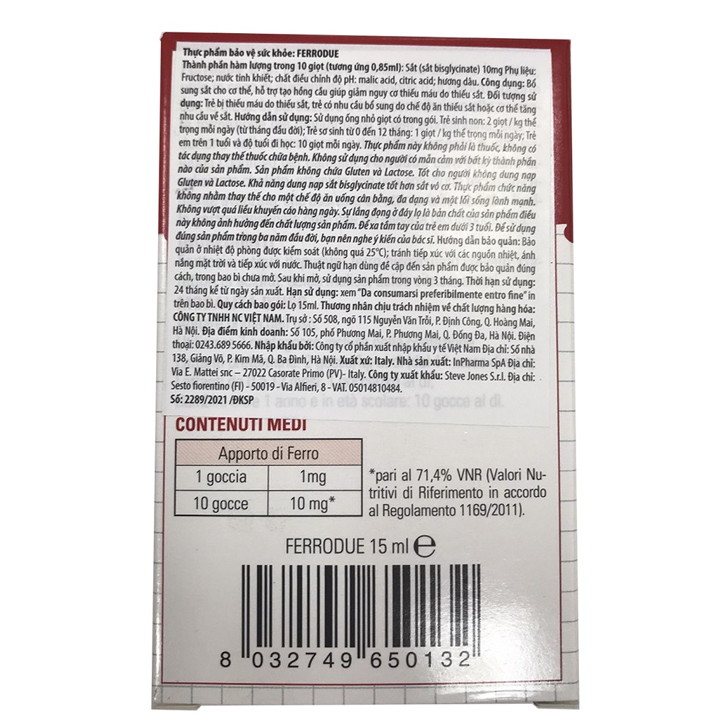 Sắt hữu cơ nhỏ giọt Buona Ferrodue.vị dâu dễ uống dùng cho trẻ từ sơ sinh lọ 15ml ....
