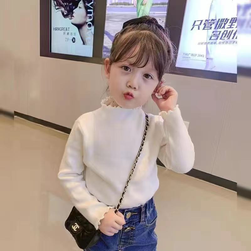 Áo nhung bé gái tay dài cổ cao thiết kế đơn giản thời trang