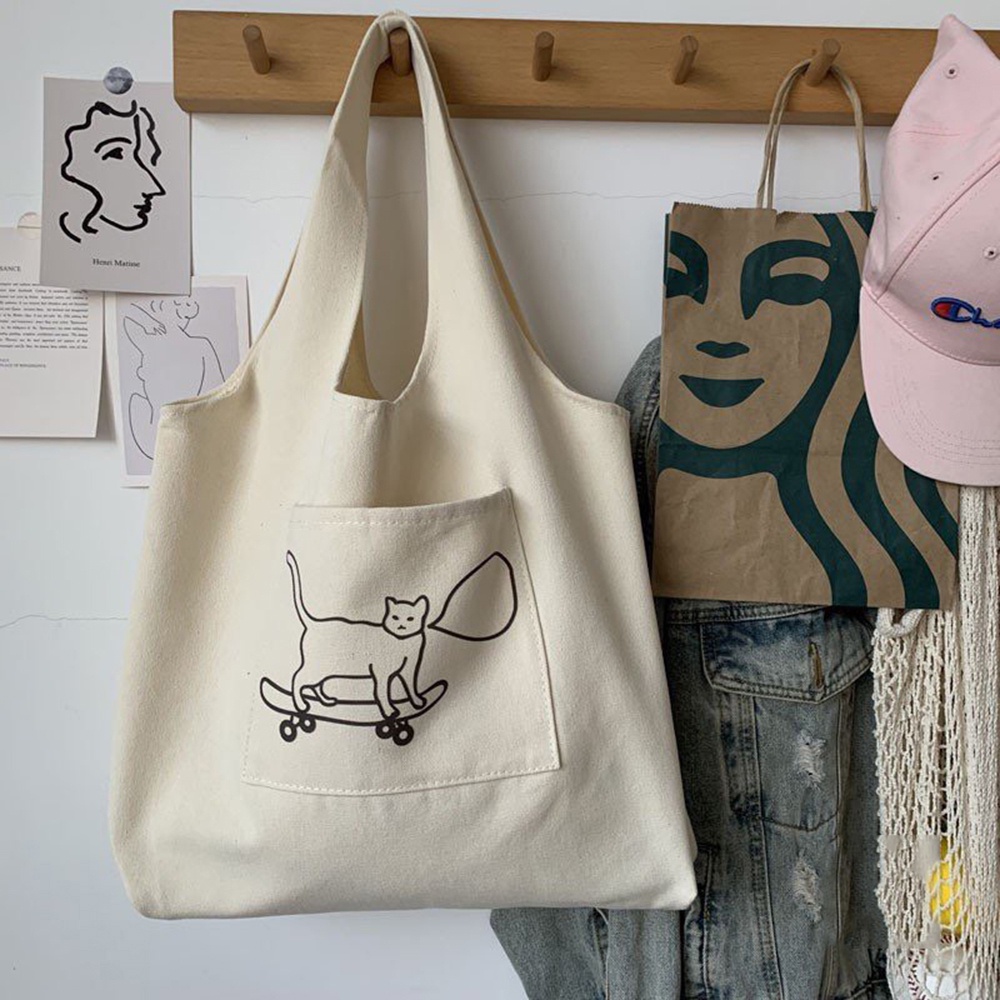 Túi tote đi chơi vải canvas đeo vai giá rẻ có túi nhỏ in hình đẹp