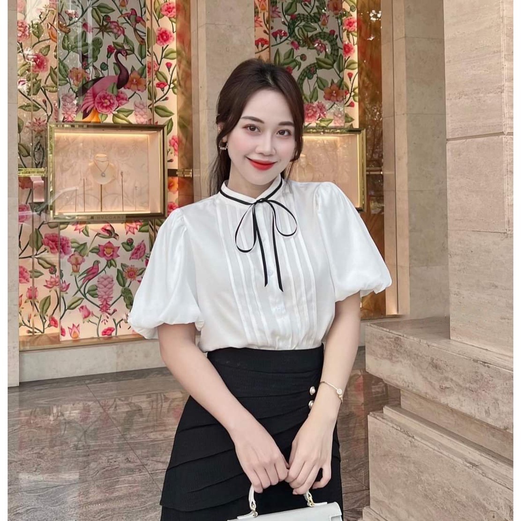 Sét chân váy + áo sơ mi tay phồng công sở