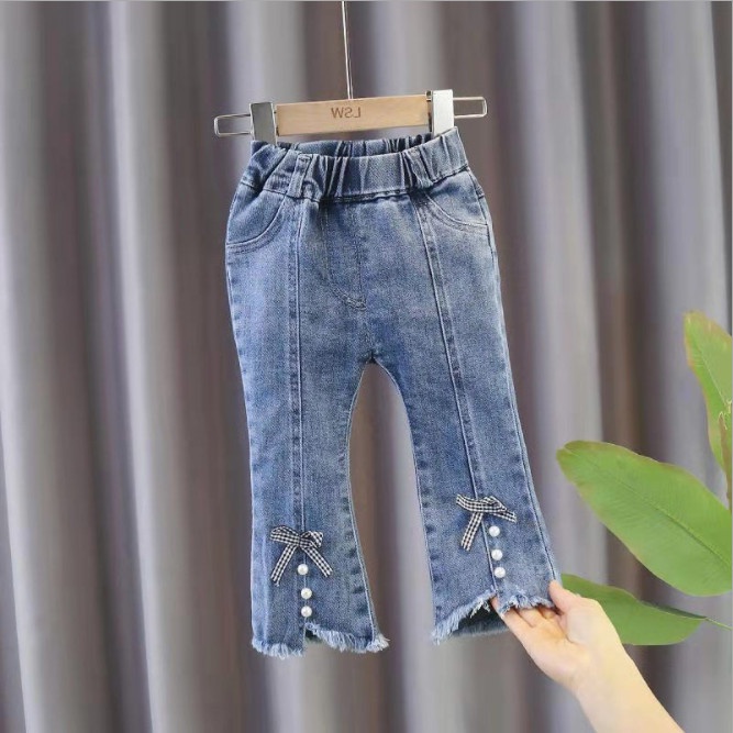 Quần Jeans JT03 size đại 10-35kg  thời trang ống loe gắn nơ xinh xắn cho bé gái