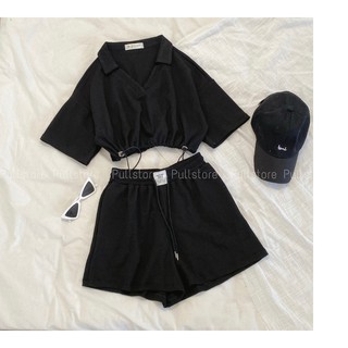 Set quần áo croptop nỉ tăm thể theo có dây rút