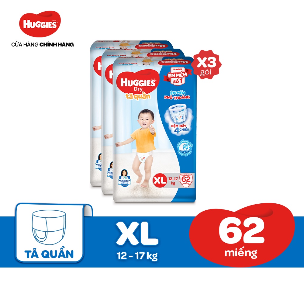 [Mã MKBHUGBU giảm 12% đơn từ 400K] Combo 3 Tã quần Huggies Dry Super Jumbo M74/L68/XL62/XXL56