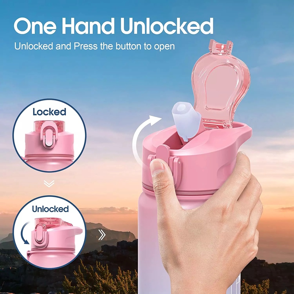 Bình nước Sports cute có ống hút vạch chia nhắc giờ nhắc nhở uống nước mỗi ngày full size 1 Lít / 1.4 Lít / 2 Lít