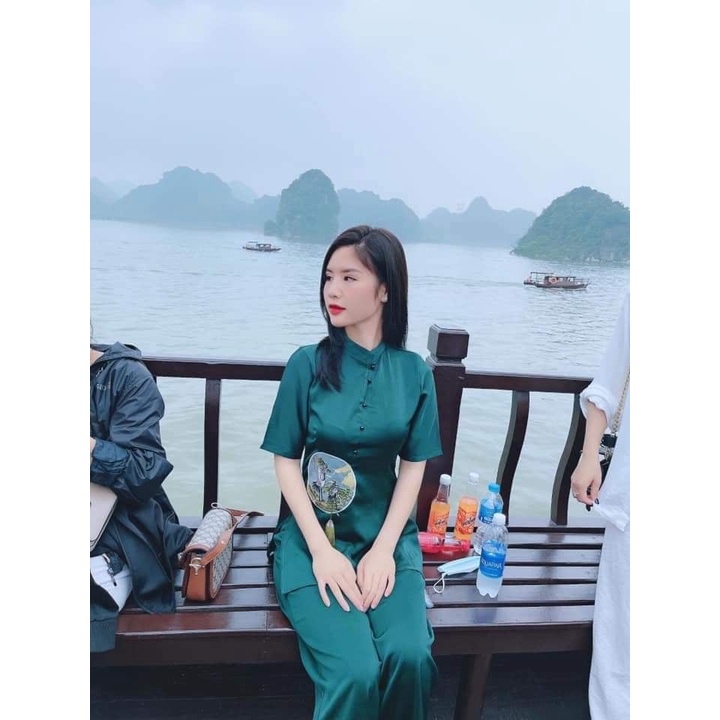 Đồ Lam Nữ Đi Chùa - Bộ Cổ Trụ Thêu Hạt Đính Ngọc Bội Tàu AL025