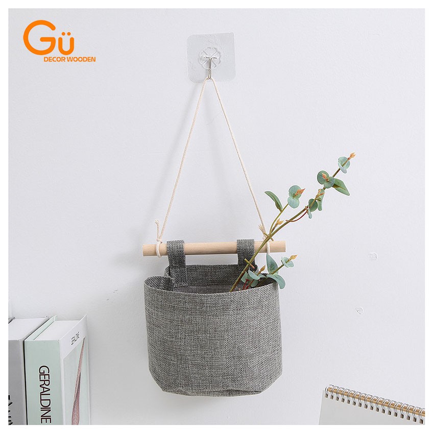 Túi giỏ vải đựng đồ treo tường, đựng đồ cá nhân vintage có chia ngăn decor trang trí nhà cửa - GU DECOR WOODEN