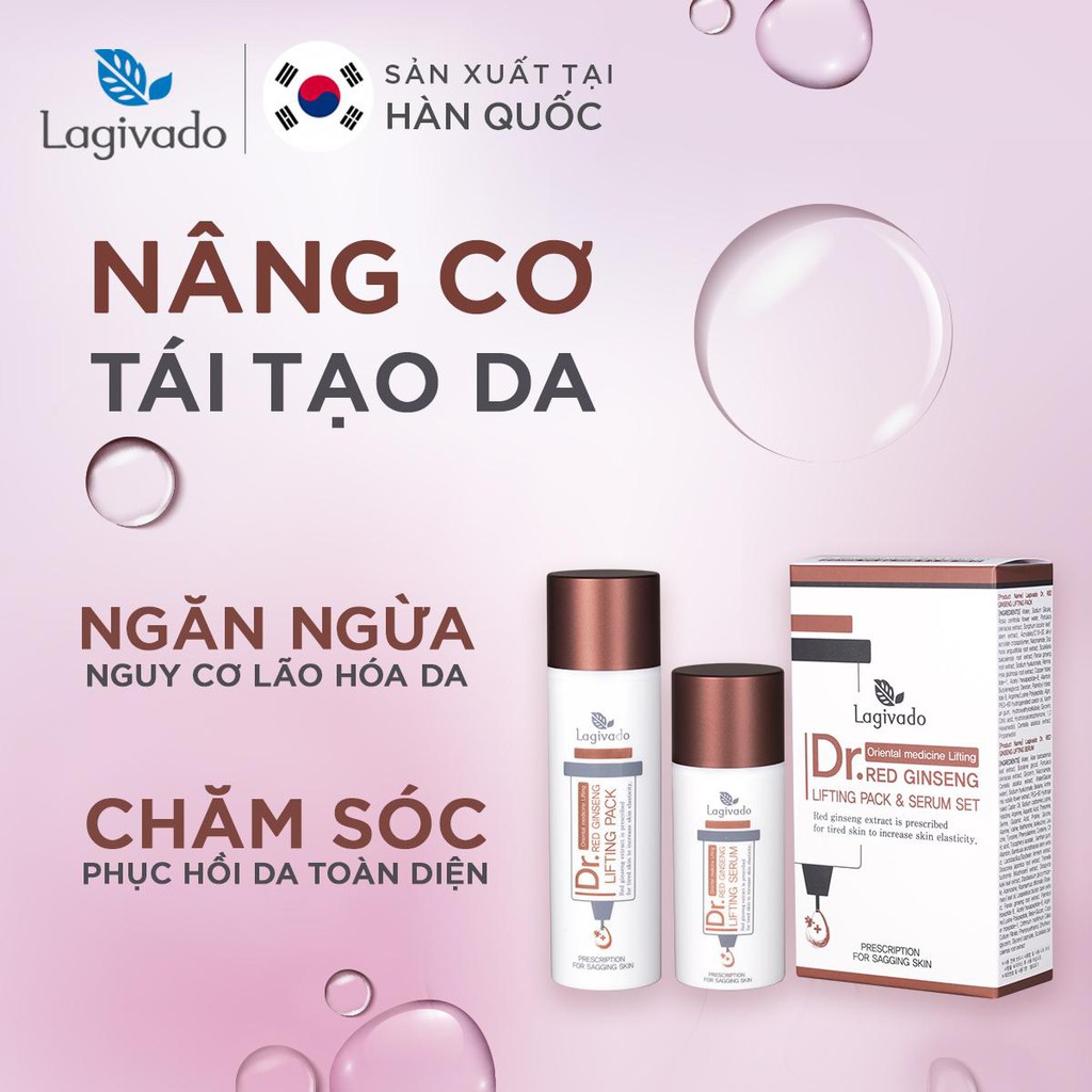 Bộ chăm sóc da giảm mụn đầu đen Hàn Quốc Lagivado thu nhỏ lỗ chân lông gồm mặt nạ hồng sâm 50 ml + serum 30 ml.