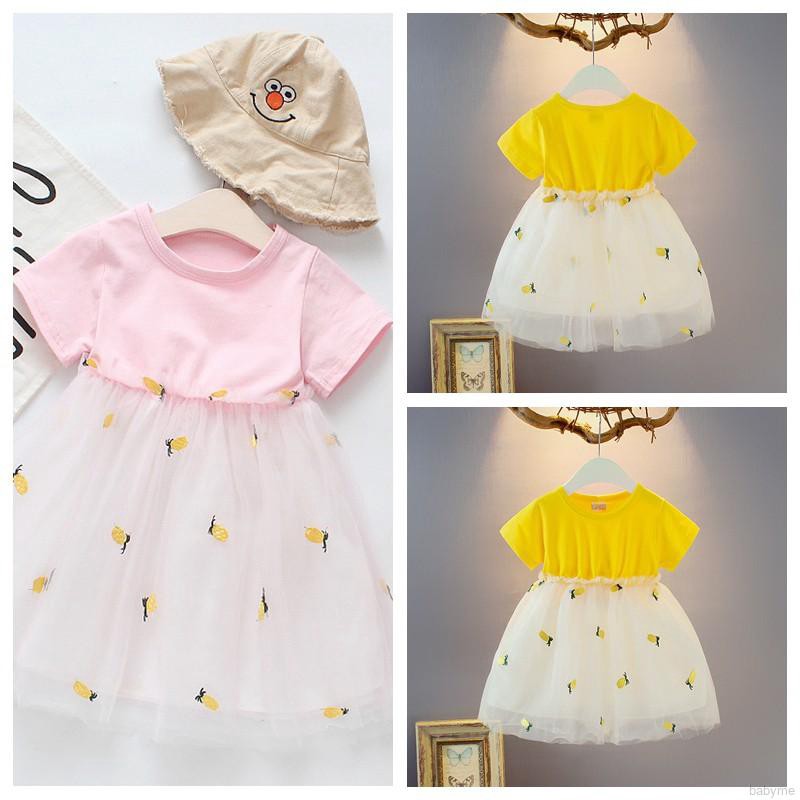 ♕ babyme ღ Baby Girl Pineapple Printing Short Sleeve Casual Dresses Princess Mesh Dress