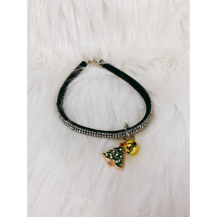 [Ảnh thật] Vòng cổ đính đá kèm chuông hoạt tiết cây thông nhiều màu sắc