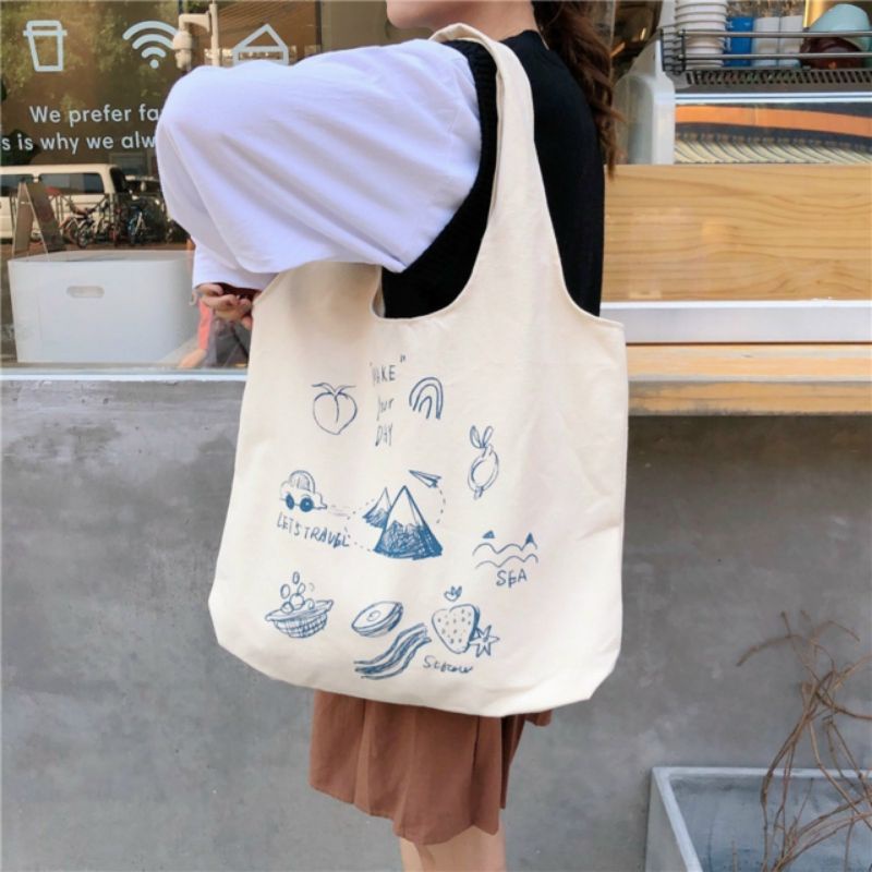 Túi vải canvas tote Hình Thiên nhiên Xanh rờn phong cách Hàn Quốc ulzzang