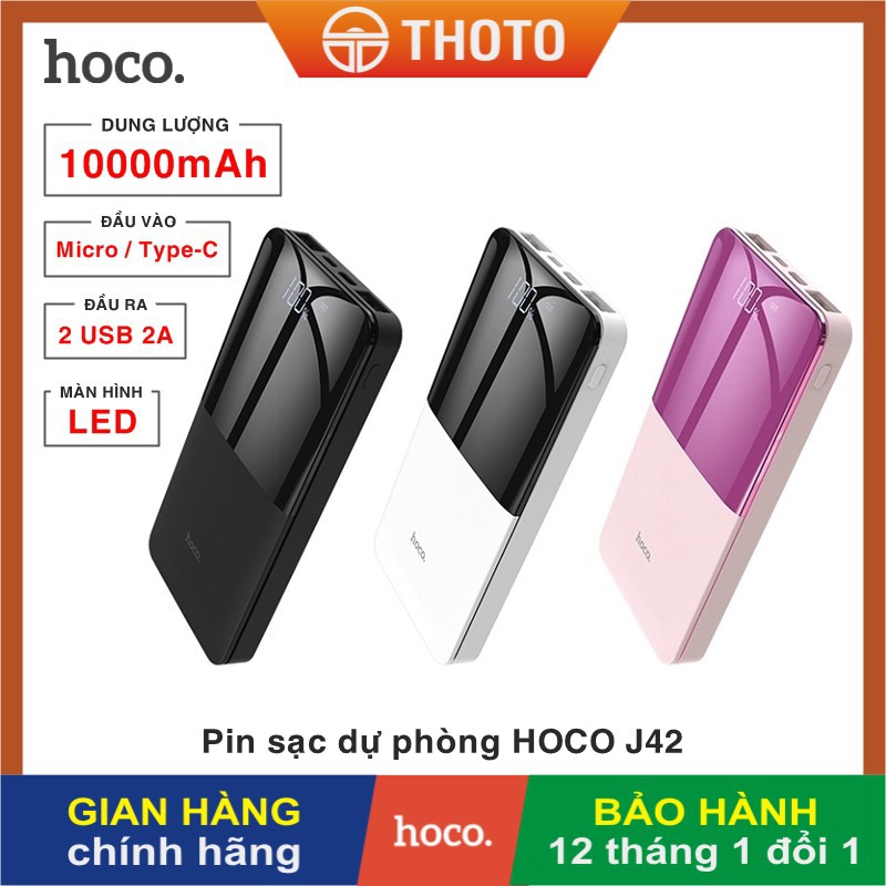 Pin sạc dự phòng di động HOCO J42 dung lượng 10000mAh, đầu ra 2 cổng USB 2A, có màn hình LED - Hàng chính hãng