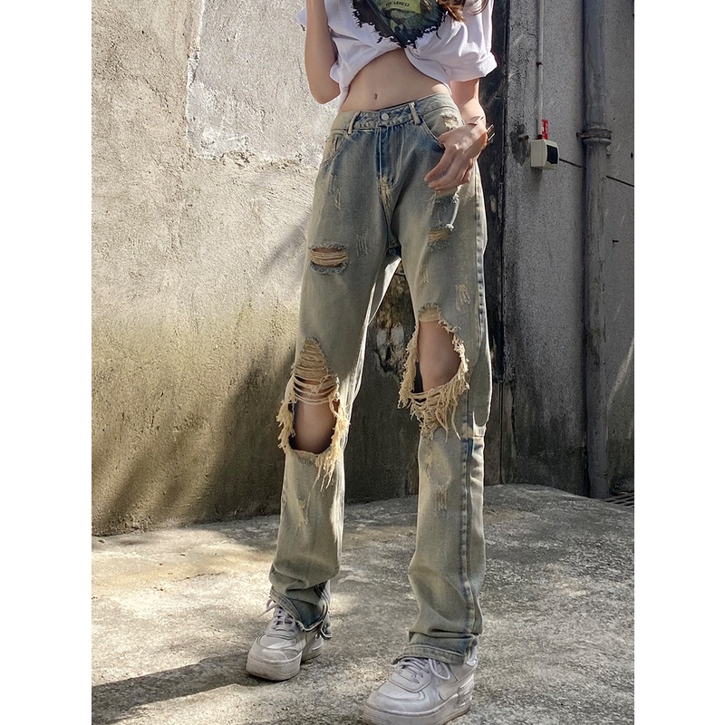 Ethelgirl Quần jeans Nữ Lưng Cao Mài Rách Thời Trang Hàn