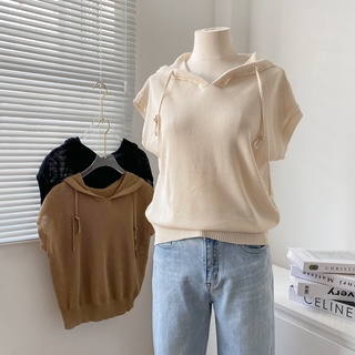 Áo len đục lỗ tay ngắn có mũ trơn 3 màu lenclothing 8742