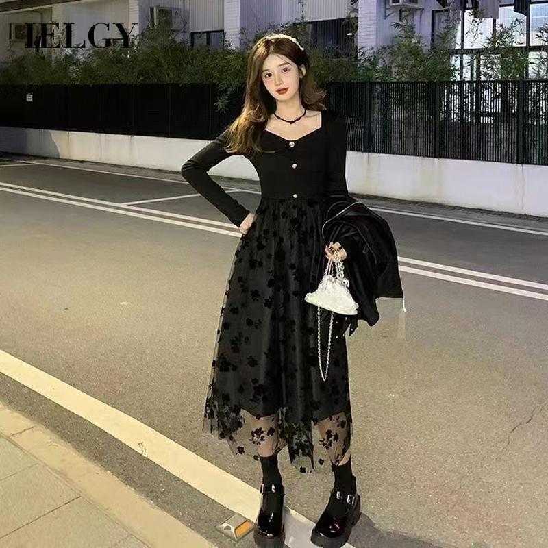 Đầm IELGY tay dài màu đen ôm dáng vừa vặn xinh xắn thời trang dành cho nữ