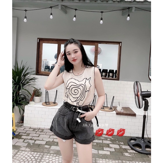 Áo len hoa sát nách viền đen, kèm ảnh thật chụp sàn