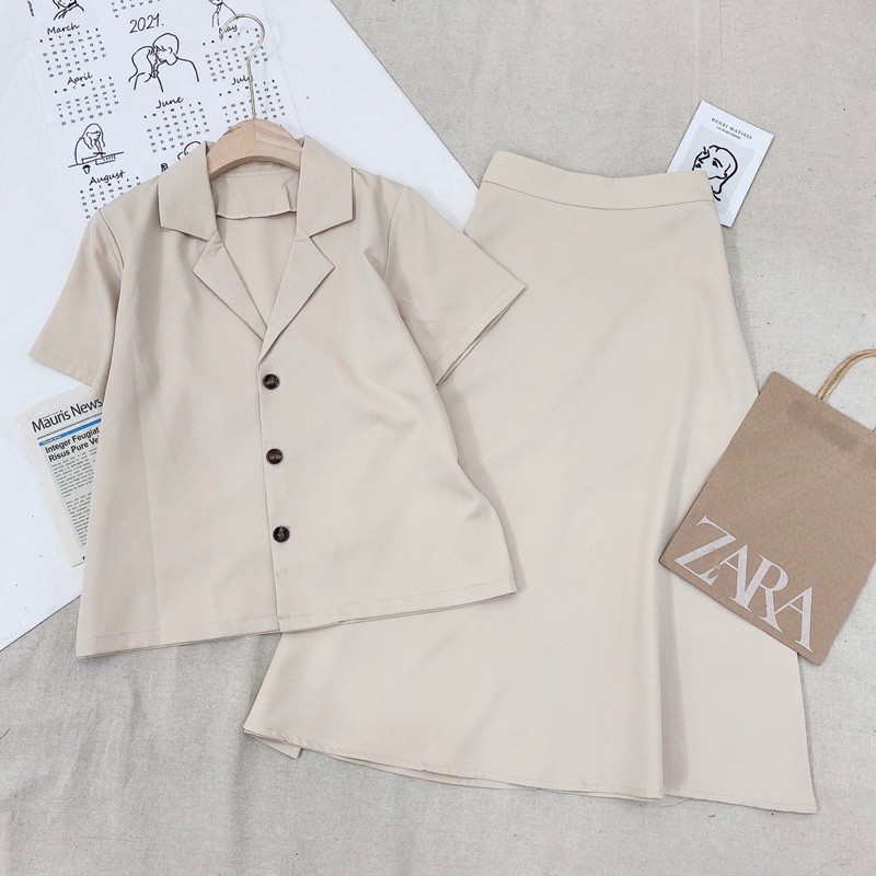 Set váy cổ vest mix chân váy dài dáng xoè - Hàng loại 1 - Phong cách Hàn Quốc