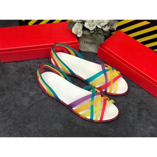 Sandal huarache quai mảnh nhựa mềm màu đỏ trắng cho nữ